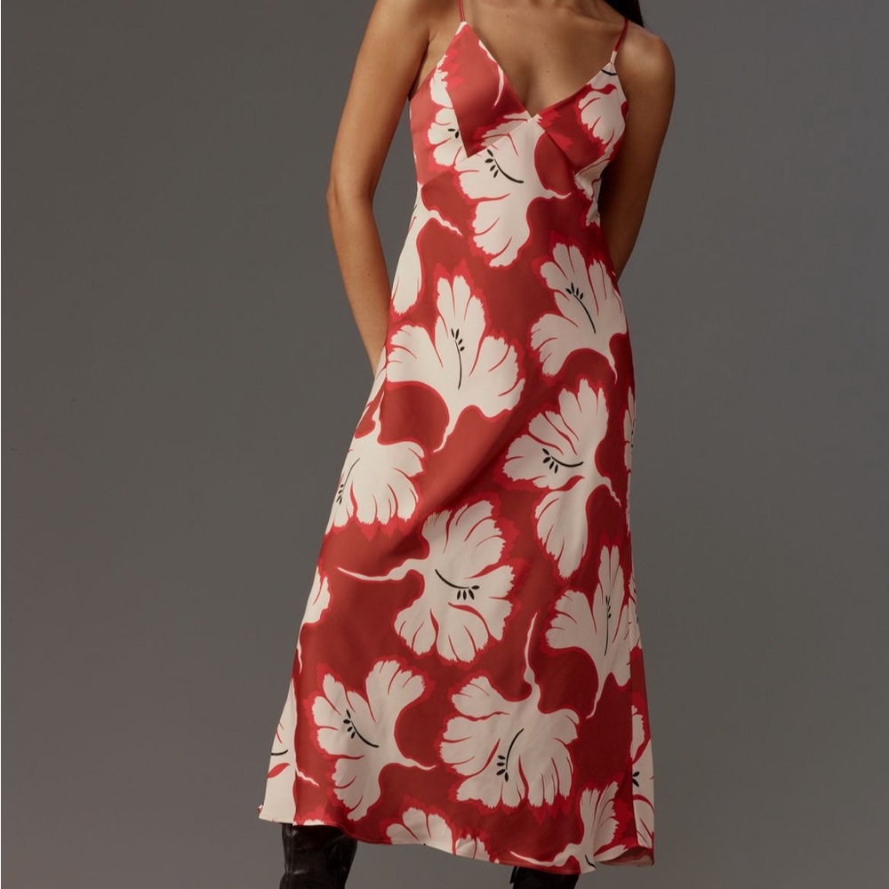 Anthropologie Red and Cream Floral Midi Dress